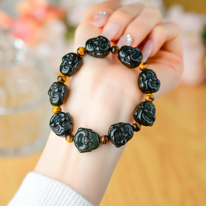 Bracelet Buddha Stones rieur en obsidienne arc-en-ciel avec pierres de Bouddha et transformation positive