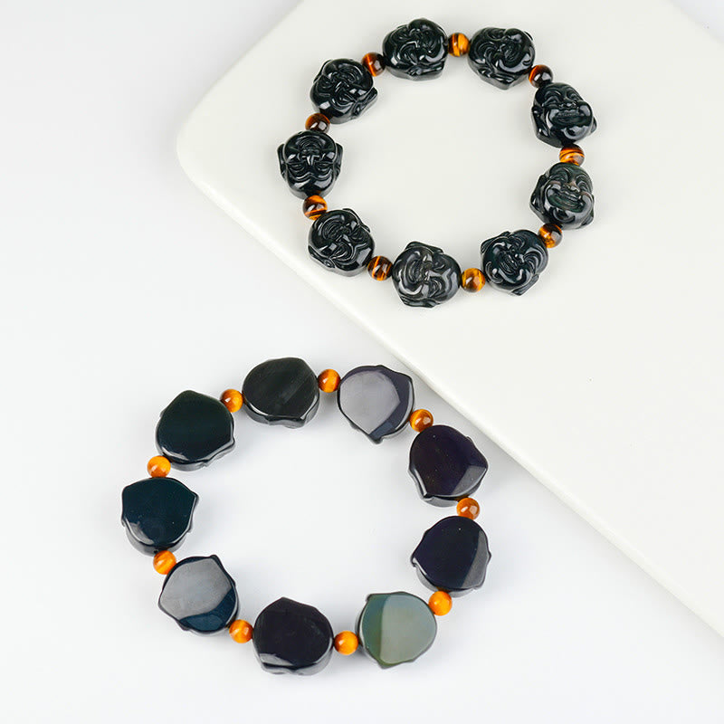 Bracelet Buddha Stones rieur en obsidienne arc-en-ciel avec pierres de Bouddha et transformation positive