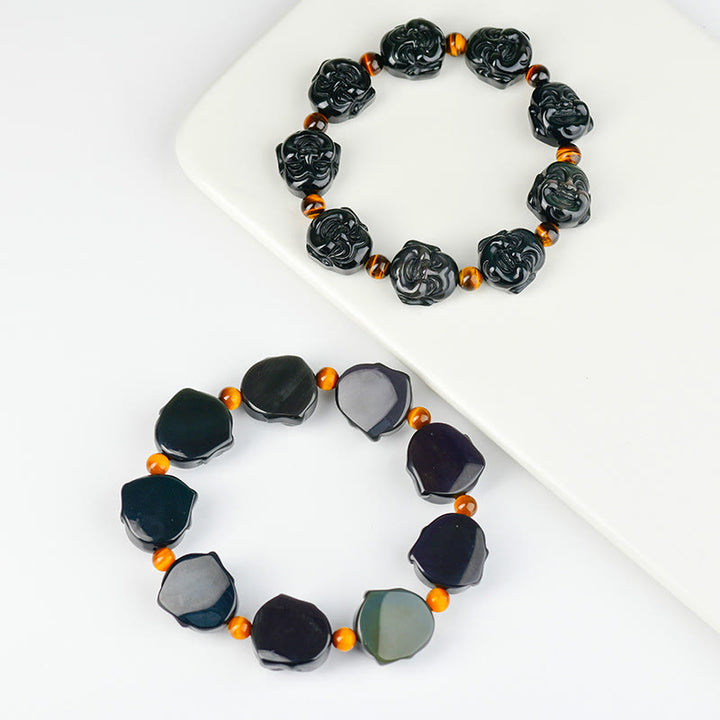 Bracelet Buddha Stones rieur en obsidienne arc-en-ciel avec pierres de Bouddha et transformation positive