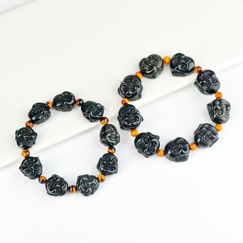 Bracelet Buddha Stones rieur en obsidienne arc-en-ciel avec pierres de Bouddha et transformation positive