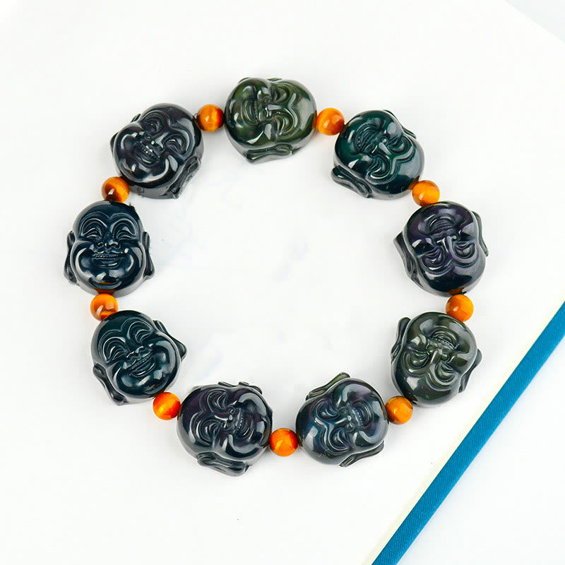 Bracelet Buddha Stones rieur en obsidienne arc-en-ciel avec pierres de Bouddha et transformation positive