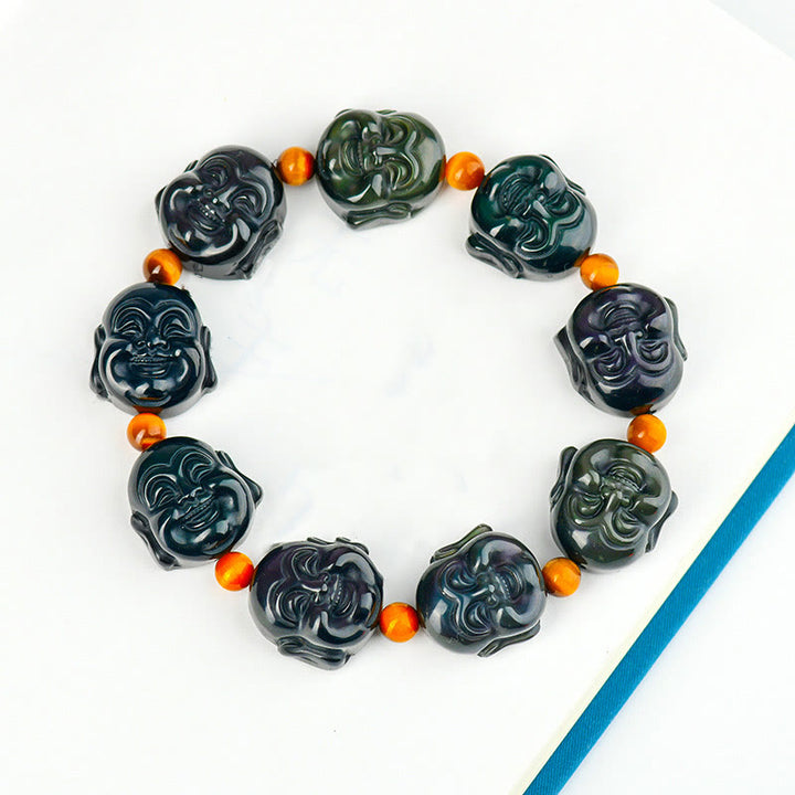 Bracelet Buddha Stones rieur en obsidienne arc-en-ciel avec pierres de Bouddha et transformation positive