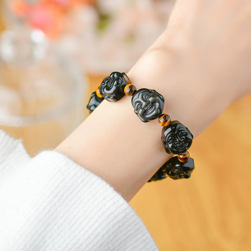 Bracelet Buddha Stones rieur en obsidienne arc-en-ciel avec pierres de Bouddha et transformation positive