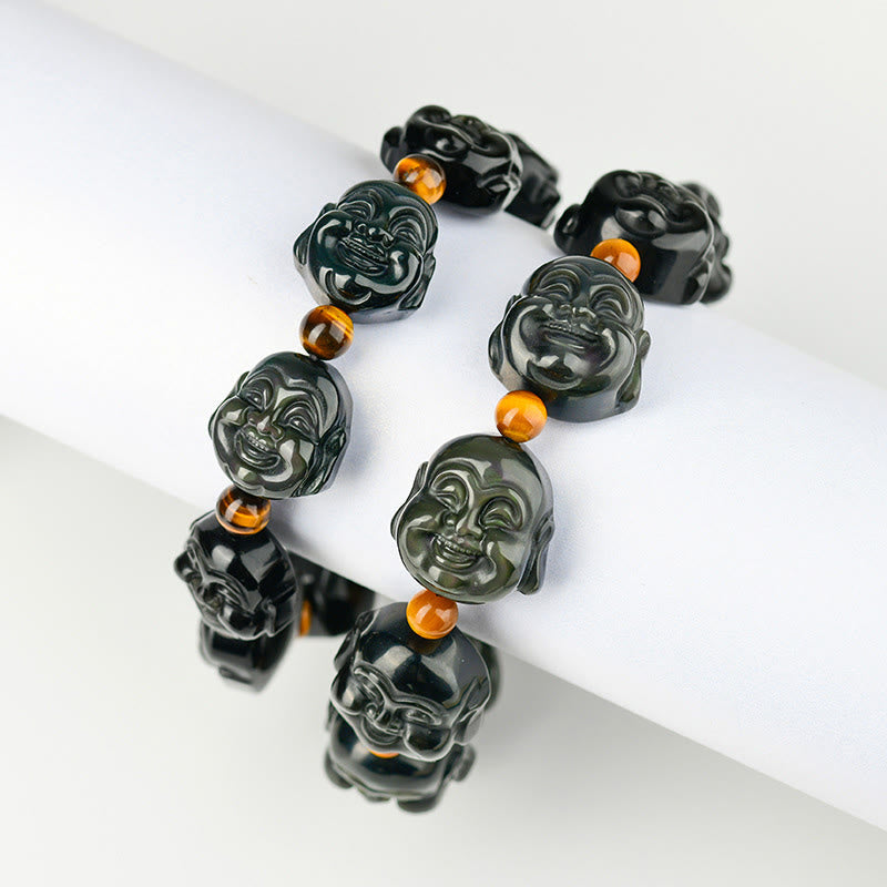 Bracelet Buddha Stones rieur en obsidienne arc-en-ciel avec pierres de Bouddha et transformation positive