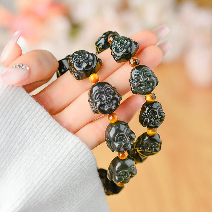 Bracelet Buddha Stones rieur en obsidienne arc-en-ciel avec pierres de Bouddha et transformation positive