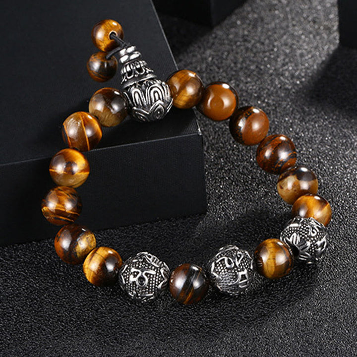Bracelet de protection Om Mani Padme Hum en Buddha Stones et pierre de lave naturelle œil de tigre et obsidienne noire
