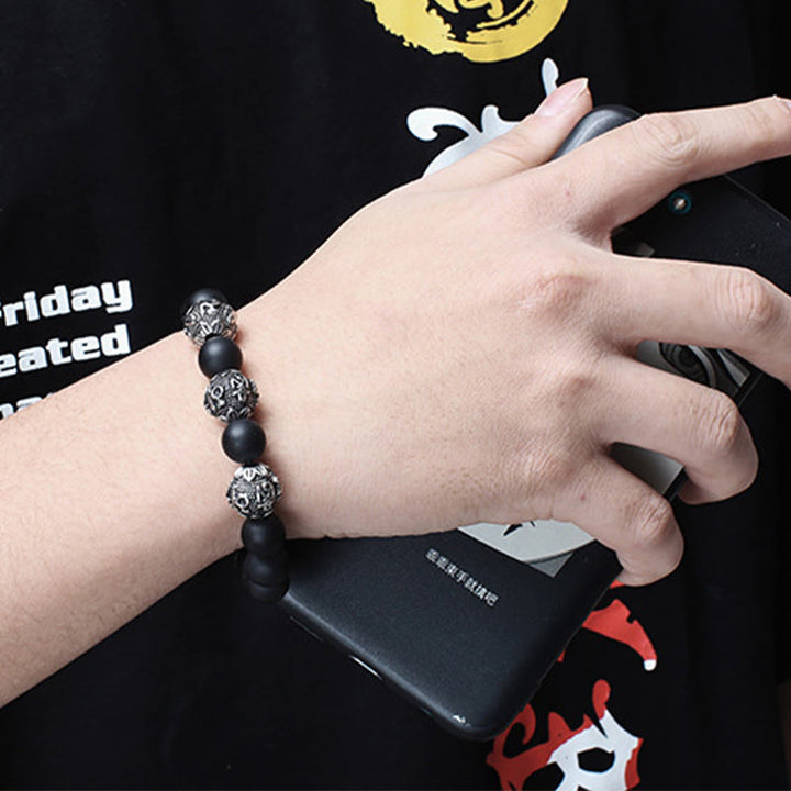 Bracelet de protection Om Mani Padme Hum en Buddha Stones et pierre de lave naturelle œil de tigre et obsidienne noire