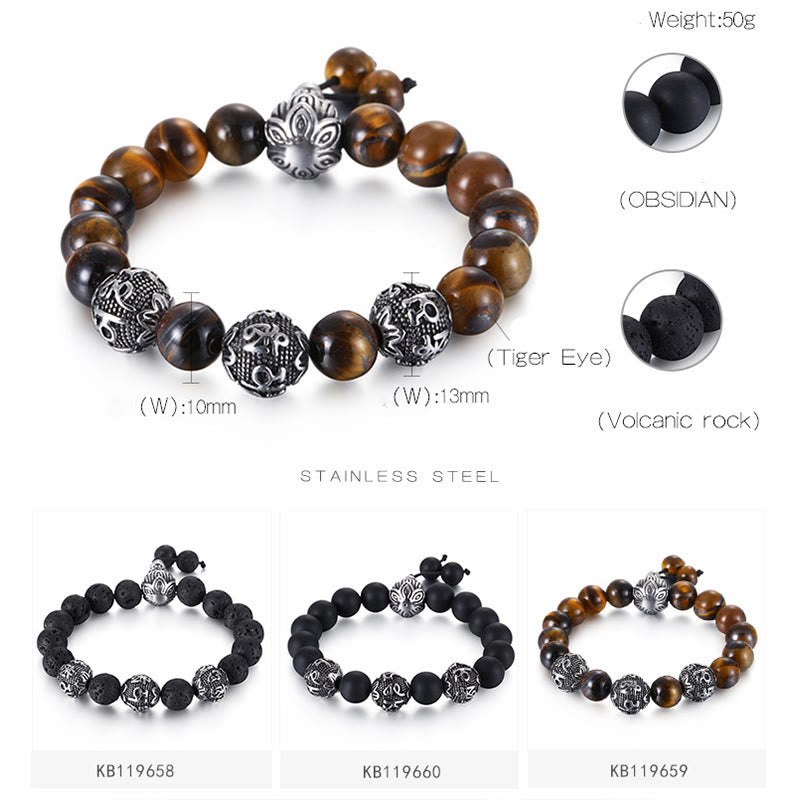 Bracelet de protection Om Mani Padme Hum en Buddha Stones et pierre de lave naturelle œil de tigre et obsidienne noire