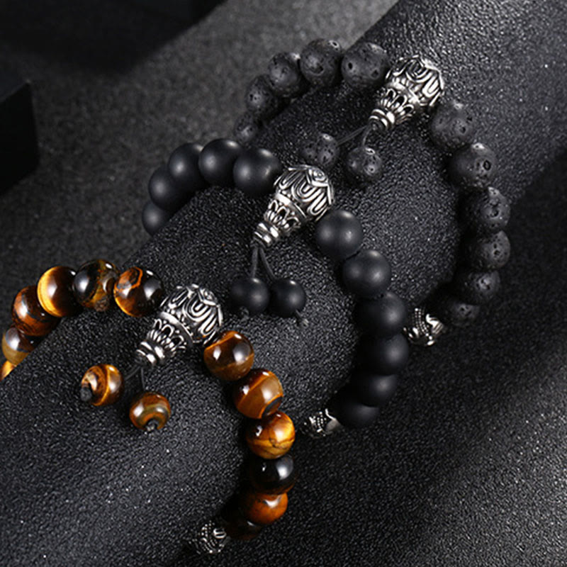 Bracelet de protection Om Mani Padme Hum en Buddha Stones et pierre de lave naturelle œil de tigre et obsidienne noire