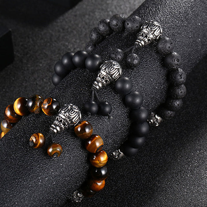 Bracelet de protection Om Mani Padme Hum en Buddha Stones et pierre de lave naturelle œil de tigre et obsidienne noire