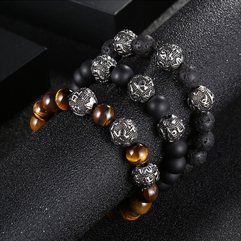Bracelet de protection Om Mani Padme Hum en Buddha Stones et pierre de lave naturelle œil de tigre et obsidienne noire