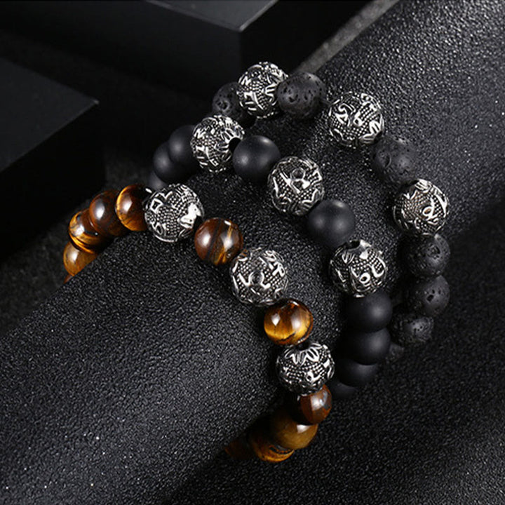 Bracelet de protection Om Mani Padme Hum en Buddha Stones et pierre de lave naturelle œil de tigre et obsidienne noire