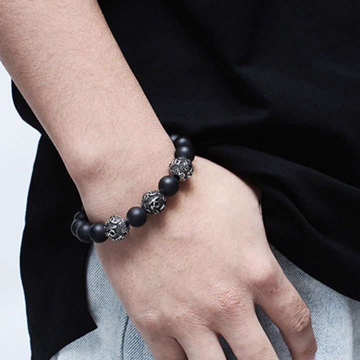 Bracelet de protection Om Mani Padme Hum en Buddha Stones et pierre de lave naturelle œil de tigre et obsidienne noire