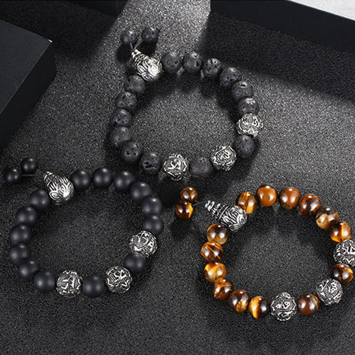 Bracelet de protection Om Mani Padme Hum en Buddha Stones et pierre de lave naturelle œil de tigre et obsidienne noire