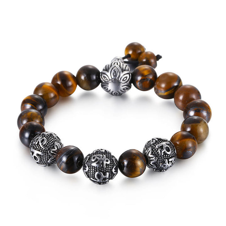 Bracelet de protection Om Mani Padme Hum en Buddha Stones et pierre de lave naturelle œil de tigre et obsidienne noire