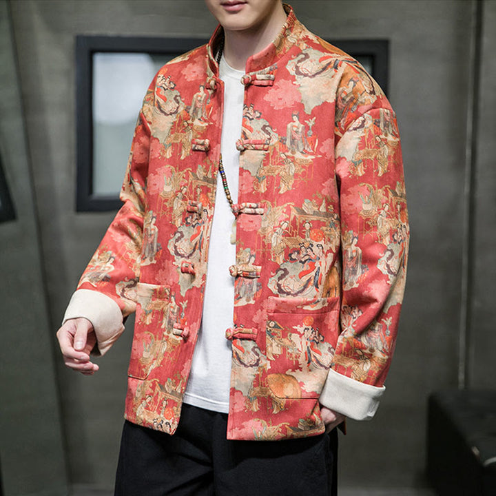 Buddha Stones Vêtements du Nouvel An chinois Peinture de figures anciennes Couleur unie Manchette Bouton de grenouille Costume Tang Veste en coton pour hommes Chemise avec poches