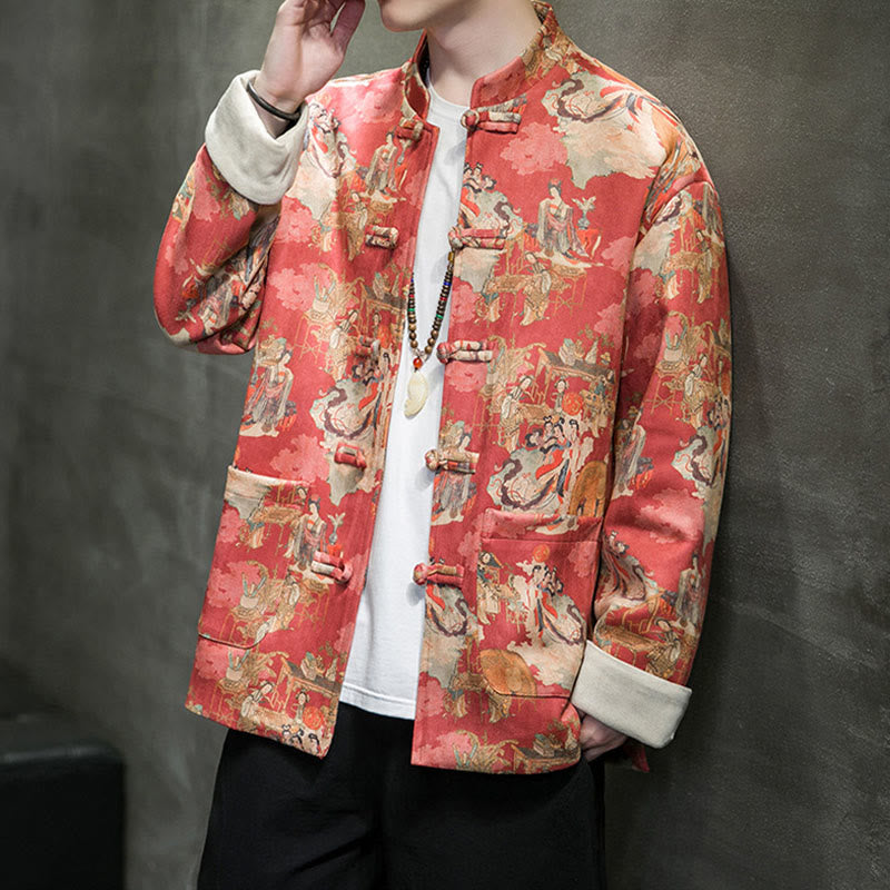 Buddha Stones Vêtements du Nouvel An chinois Peinture de figures anciennes Couleur unie Manchette Bouton de grenouille Costume Tang Veste en coton pour hommes Chemise avec poches