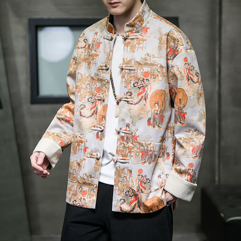 Buddha Stones Vêtements du Nouvel An chinois Peinture de figures anciennes Couleur unie Manchette Bouton de grenouille Costume Tang Veste en coton pour hommes Chemise avec poches