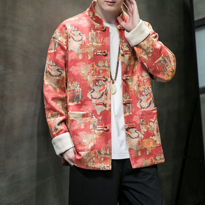 Buddha Stones Vêtements du Nouvel An chinois Peinture de figures anciennes Couleur unie Manchette Bouton de grenouille Costume Tang Veste en coton pour hommes Chemise avec poches