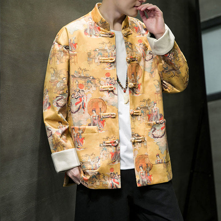 Buddha Stones Vêtements du Nouvel An chinois Peinture de figures anciennes Couleur unie Manchette Bouton de grenouille Costume Tang Veste en coton pour hommes Chemise avec poches