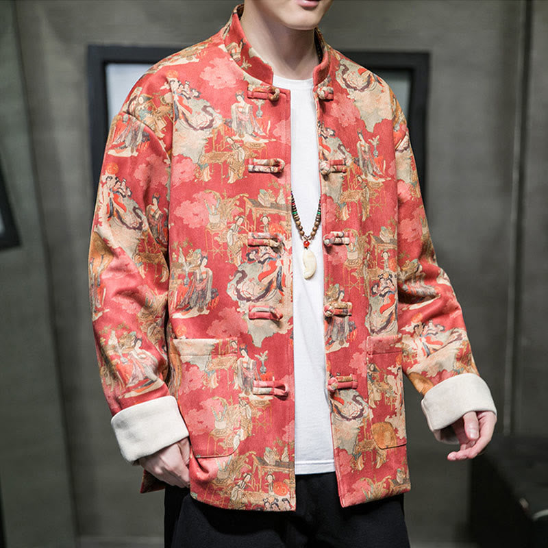 Buddha Stones Vêtements du Nouvel An chinois Peinture de figures anciennes Couleur unie Manchette Bouton de grenouille Costume Tang Veste en coton pour hommes Chemise avec poches