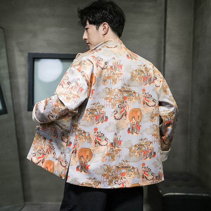 Buddha Stones Vêtements du Nouvel An chinois Peinture de figures anciennes Couleur unie Manchette Bouton de grenouille Costume Tang Veste en coton pour hommes Chemise avec poches