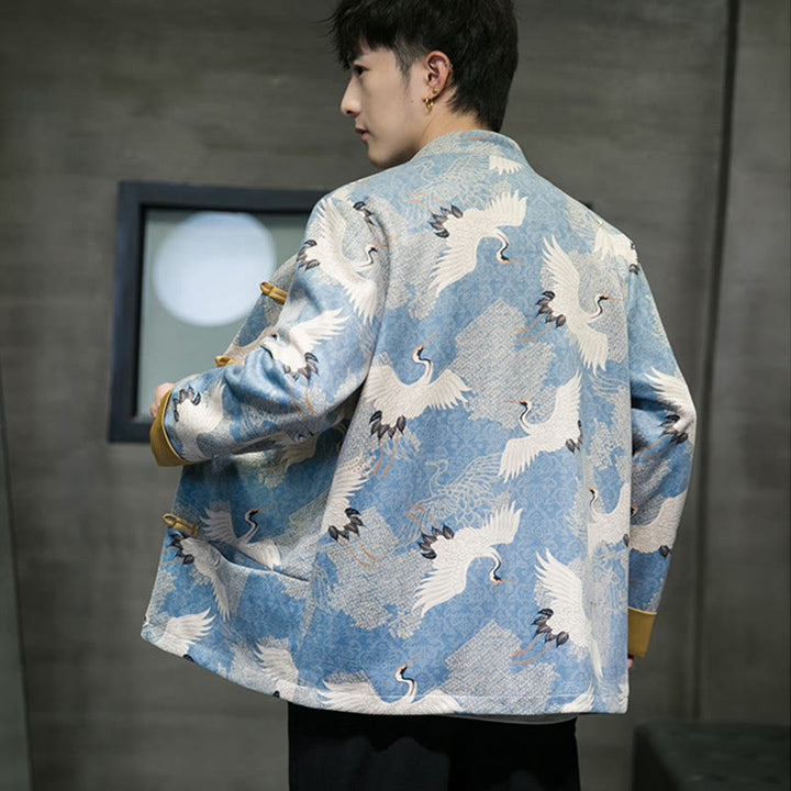 Buddha Stones Vêtements du Nouvel An chinois Grue blanche Grenouille dorée Bouton Tang Costume Coton Veste Homme Chemise Avec Poches
