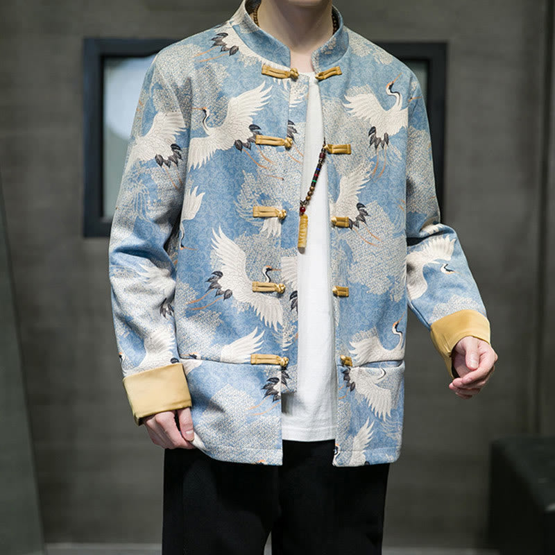 Buddha Stones Vêtements du Nouvel An chinois Grue blanche Grenouille dorée Bouton Tang Costume Coton Veste Homme Chemise Avec Poches