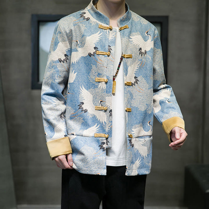 Buddha Stones Vêtements du Nouvel An chinois Grue blanche Grenouille dorée Bouton Tang Costume Coton Veste Homme Chemise Avec Poches