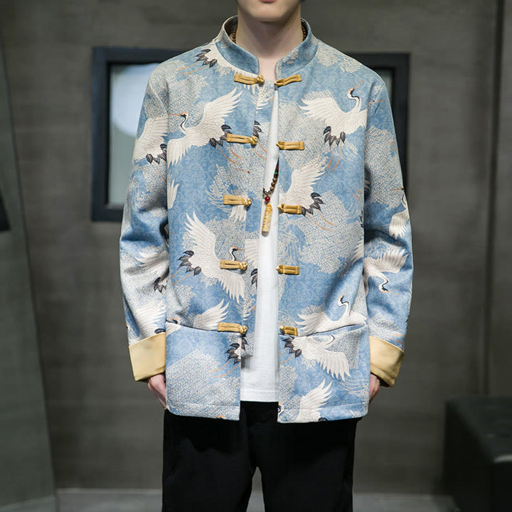 Buddha Stones Vêtements du Nouvel An chinois Grue blanche Grenouille dorée Bouton Tang Costume Coton Veste Homme Chemise Avec Poches