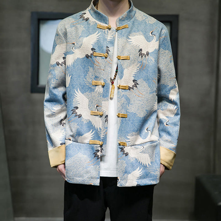 Buddha Stones Vêtements du Nouvel An chinois Grue blanche Grenouille dorée Bouton Tang Costume Coton Veste Homme Chemise Avec Poches