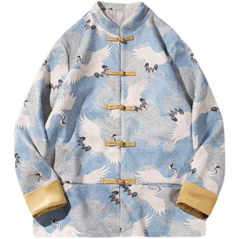 Buddha Stones Vêtements du Nouvel An chinois Grue blanche Grenouille dorée Bouton Tang Costume Coton Veste Homme Chemise Avec Poches