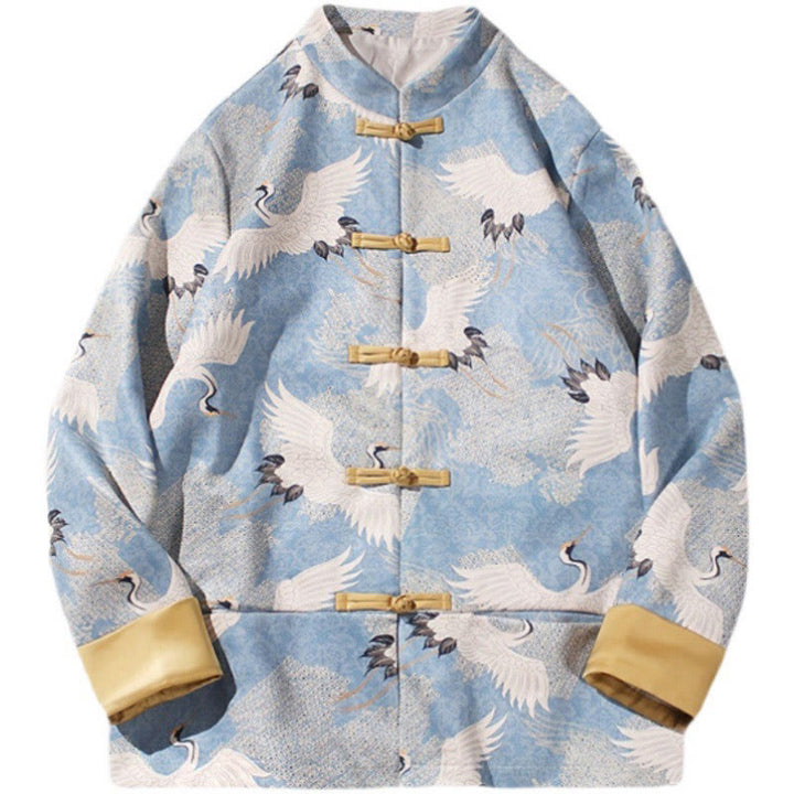 Buddha Stones Vêtements du Nouvel An chinois Grue blanche Grenouille dorée Bouton Tang Costume Coton Veste Homme Chemise Avec Poches