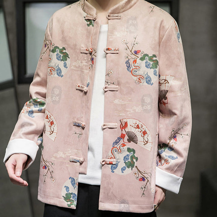 Buddha Stones Vêtements du Nouvel An chinois Fleurs Éventail de dragon Nuages de bon augure Costume Tang à boutons de grenouille Veste en coton pour hommes Chemise