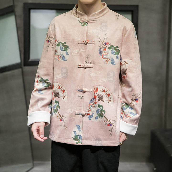 Buddha Stones Vêtements du Nouvel An chinois Fleurs Éventail de dragon Nuages de bon augure Costume Tang à boutons de grenouille Veste en coton pour hommes Chemise