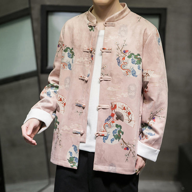 Buddha Stones Vêtements du Nouvel An chinois Fleurs Éventail de dragon Nuages de bon augure Costume Tang à boutons de grenouille Veste en coton pour hommes Chemise