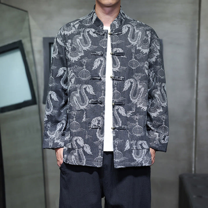 Veste en coton pour homme avec poches, broderie jacquard, dragon, lanterne, bouton de grenouille, costume Tang , Buddha Stones , nouvel an chinois