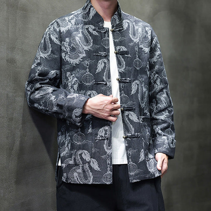 Veste en coton pour homme avec poches, broderie jacquard, dragon, lanterne, bouton de grenouille, costume Tang , Buddha Stones , nouvel an chinois
