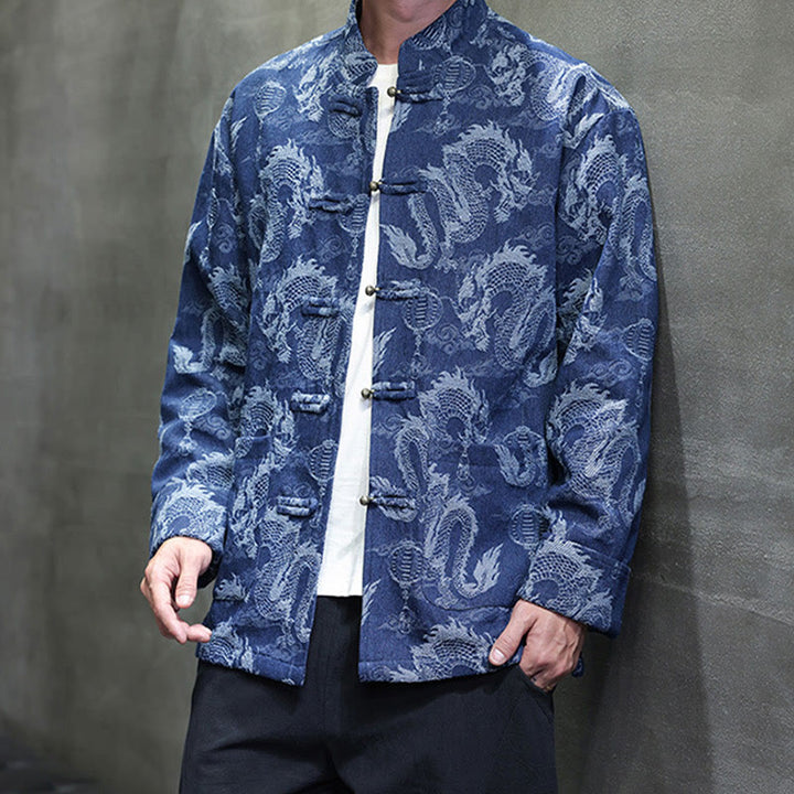 Veste en coton pour homme avec poches, broderie jacquard, dragon, lanterne, bouton de grenouille, costume Tang , Buddha Stones , nouvel an chinois