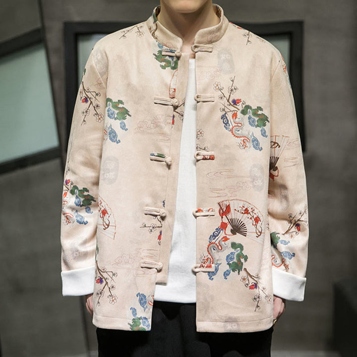Buddha Stones Vêtements du Nouvel An chinois Fleurs Éventail de dragon Nuages de bon augure Costume Tang à boutons de grenouille Veste en coton pour hommes Chemise