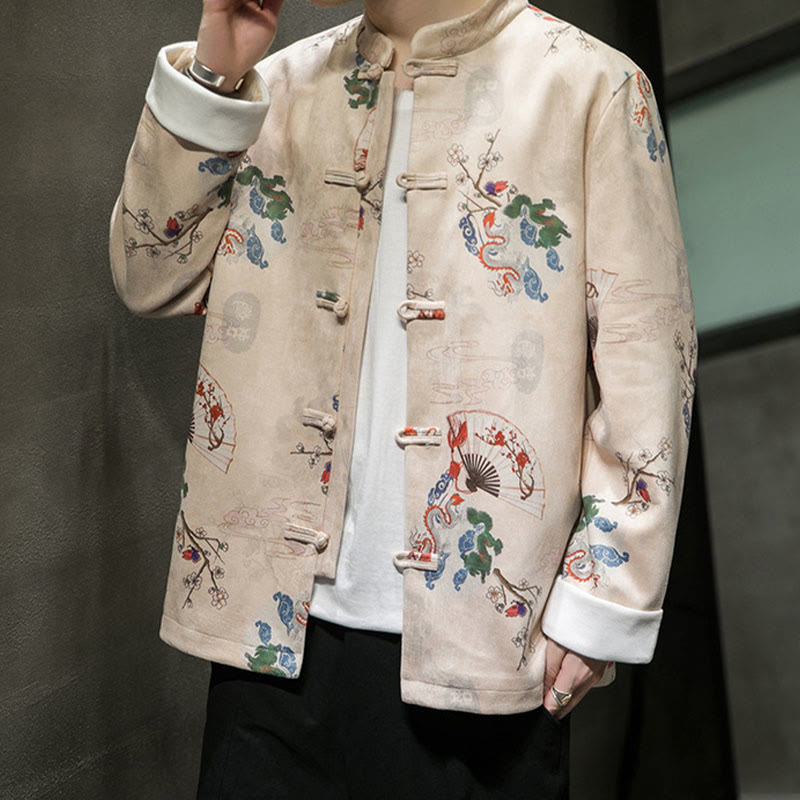 Buddha Stones Vêtements du Nouvel An chinois Fleurs Éventail de dragon Nuages de bon augure Costume Tang à boutons de grenouille Veste en coton pour hommes Chemise