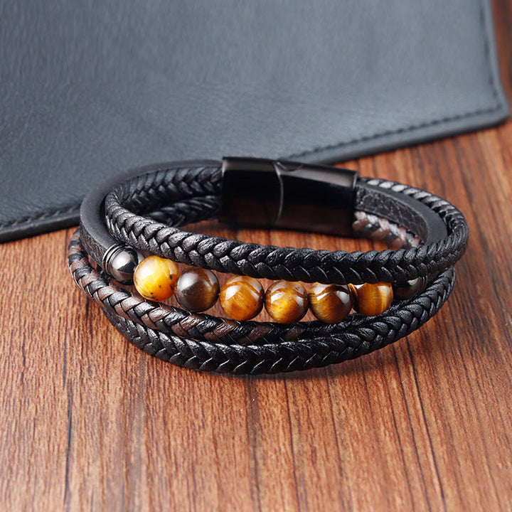 Bracelet en cuir de protection en pierre d'œil de tigre avec Buddha Stones - image 4