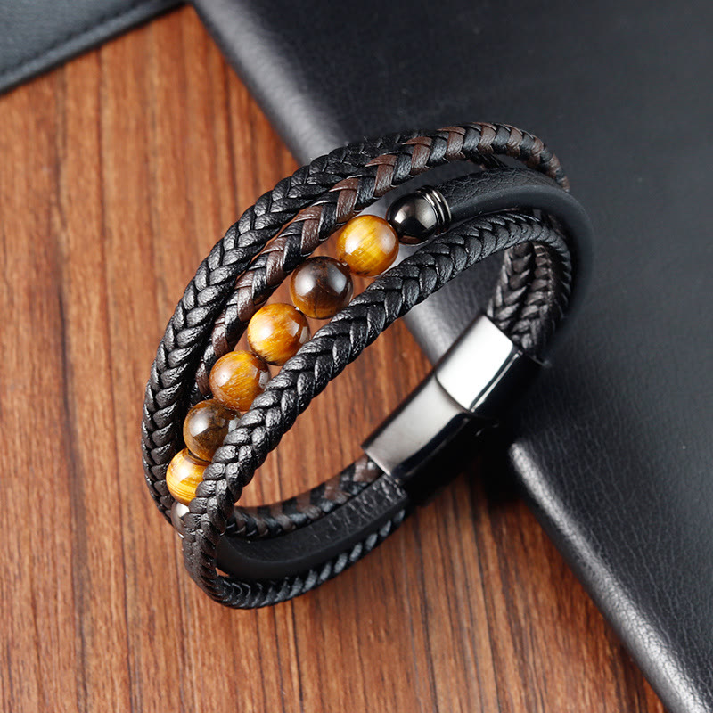 Bracelet en cuir de protection en pierre d'œil de tigre avec Buddha Stones - image 3