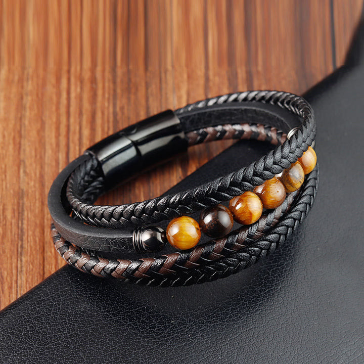 Bracelet en cuir de protection en pierre d'œil de tigre avec Buddha Stones - image 2
