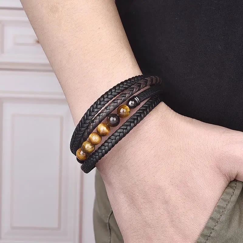 Bracelet en cuir de protection en pierre d'œil de tigre avec Buddha Stones - image 5