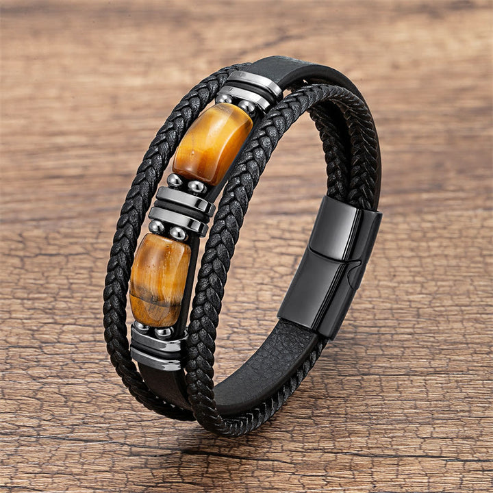 Bracelet en cuir multicouche avec pierre œil de tigre et Buddha Stones - Œil de tigre jaune - 18-22 cm - image 1