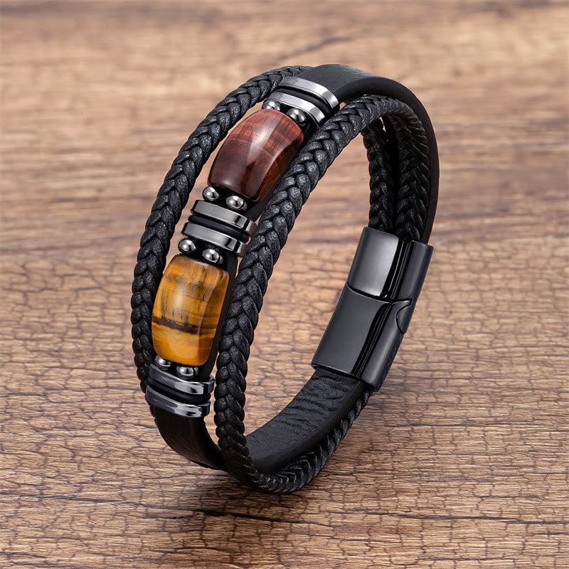 Bracelet en cuir multicouche avec pierre œil de tigre et Buddha Stones - Œil de tigre jaune-brun-rouge - 18-22 cm - image 8