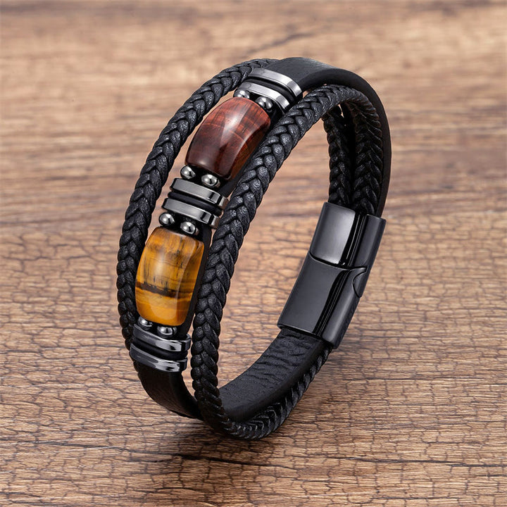 Bracelet en cuir multicouche avec pierre œil de tigre et Buddha Stones - Œil de tigre jaune-brun-rouge - 18-22 cm - image 8