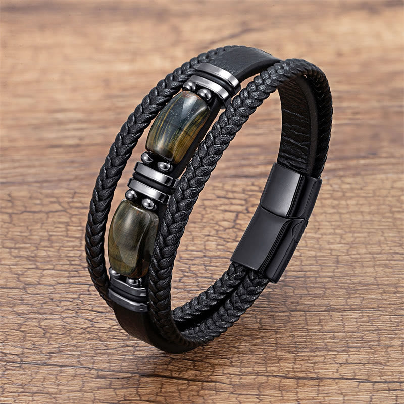 Bracelet en cuir multicouche avec pierre œil de tigre et Buddha Stones - Œil de tigre noir-jaune - 18-22 cm - image 10