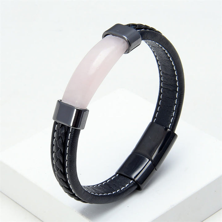 Bracelet en cuir avec Buddha Stones, lazurite, œil de tigre, rhodonite, hématite, onyx noir - Quartz rose - 18-22 cm - image 8